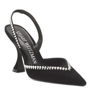 Stuart Weitzman Black Suede Slingback Pumps with Silver Accents